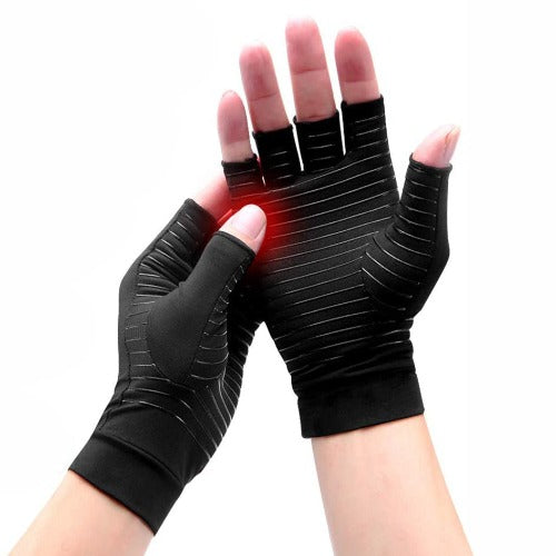 Unisex copper compression gloves provide arthritis pain relief & support for hands and joints.