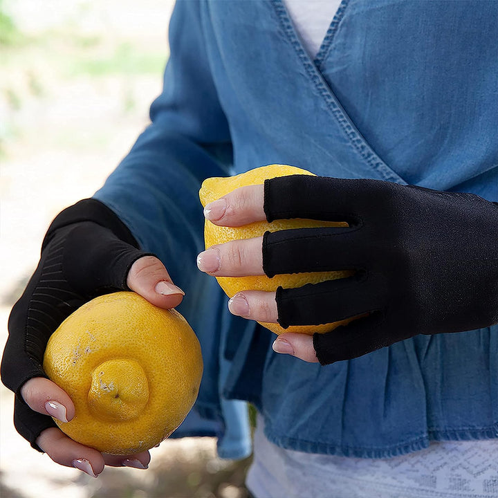 Flexible fingerless copper compression gloves offer arthritis relief while maintaining hand dexterity.