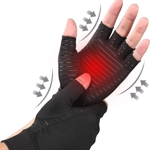 Copper-infused compression gloves for men & women, easing arthritis joint pain & stiffness.