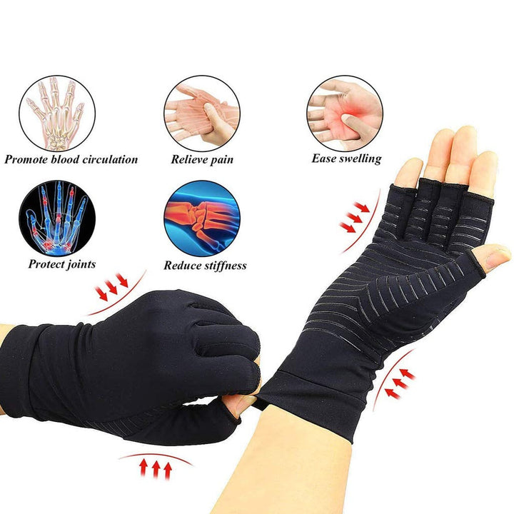 Fingerless copper compression gloves for arthritis, carpal tunnel, and everyday hand pain relief.