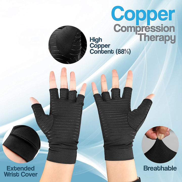 Men's & women's copper compression gloves for rheumatoid arthritis, hand swelling, & joint warmth.