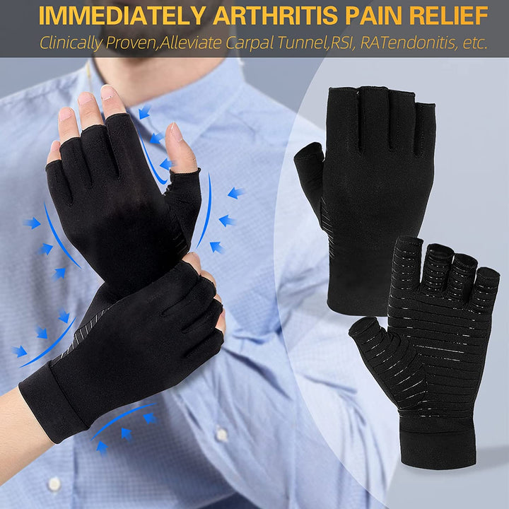 Soothing copper compression gloves aiding recovery from carpal tunnel & arthritis hand pain.