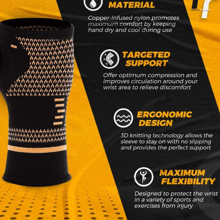 Comfortable unisex copper wrist support for compression, pain relief & stability during active lifestyle.
