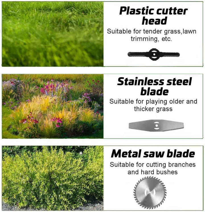 Detailed view of the cordless 24V lawn trimmer's ergonomic grip and control panel, ideal for garden and DIY tasks.