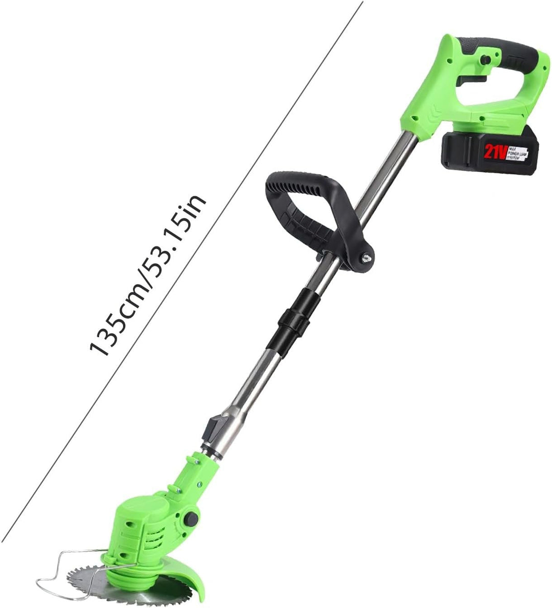 A professional 24V cordless lawn trimmer in a garden setting, showing its lightweight design and ergonomic handle for landscaping.