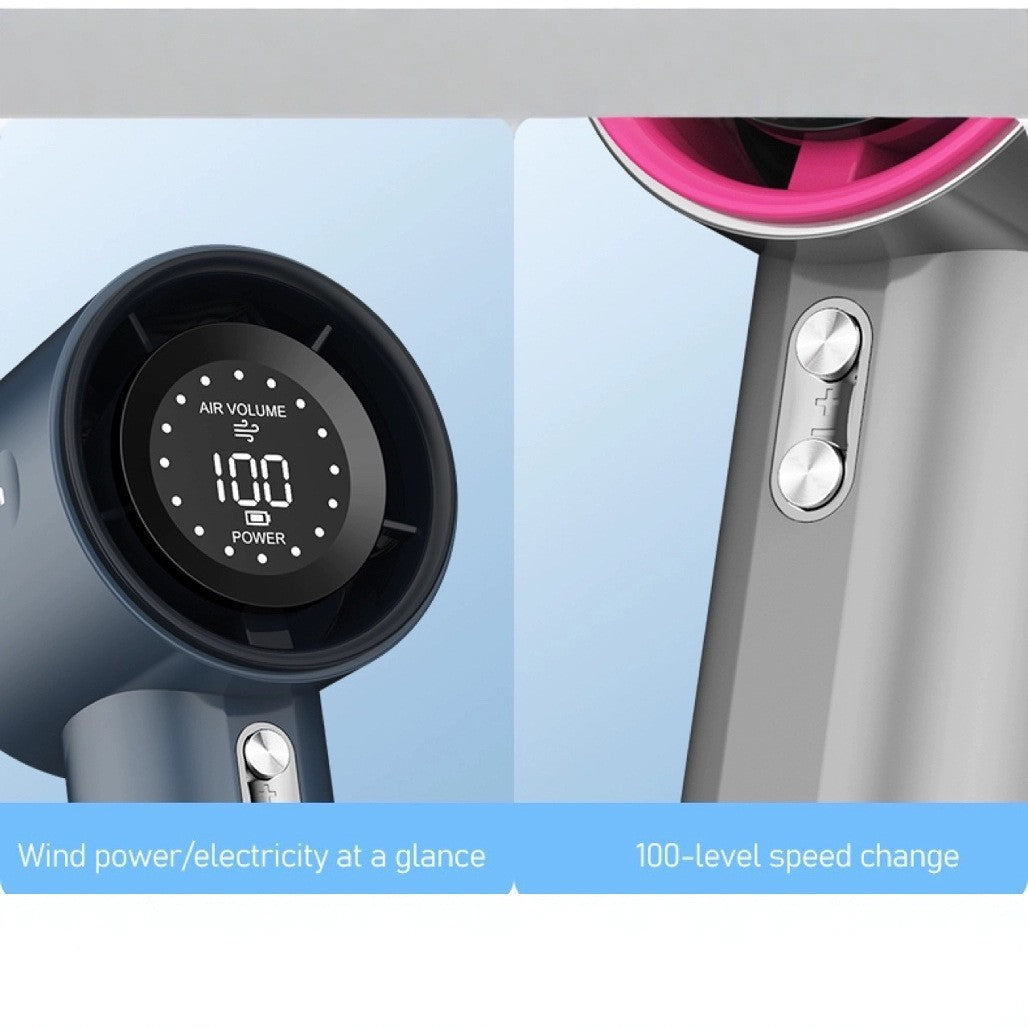 Sleek unisex cordless hair dryer with digital display, a compact and portable styling tool for modern hair care.