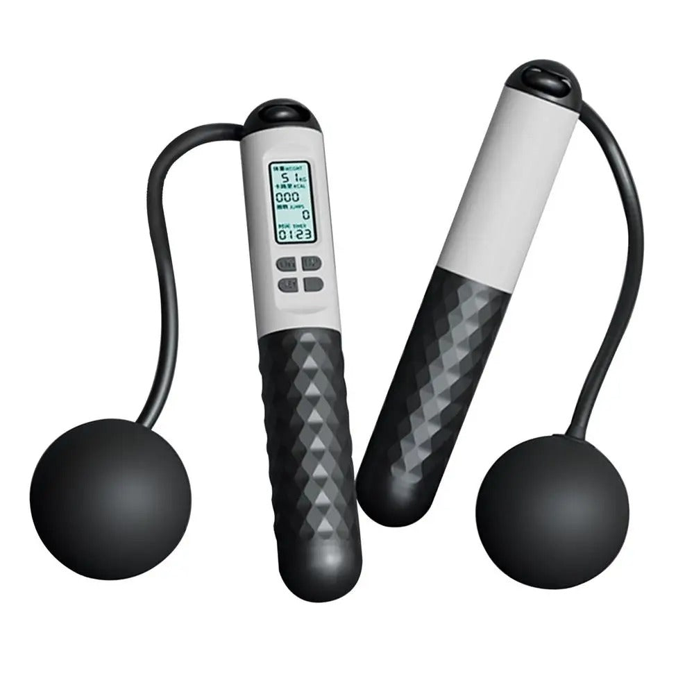 Dynamic shot of someone jumping with the weighted cordless digital counter jump rope.