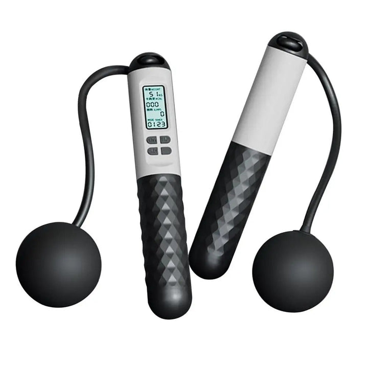 Dynamic shot of someone jumping with the weighted cordless digital counter jump rope.