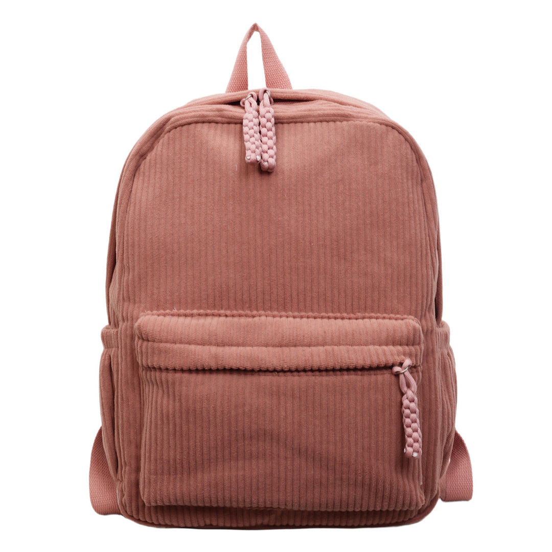 Stylish pink corduroy unisex backpack, laptop compatible, great for fashion & daily use.