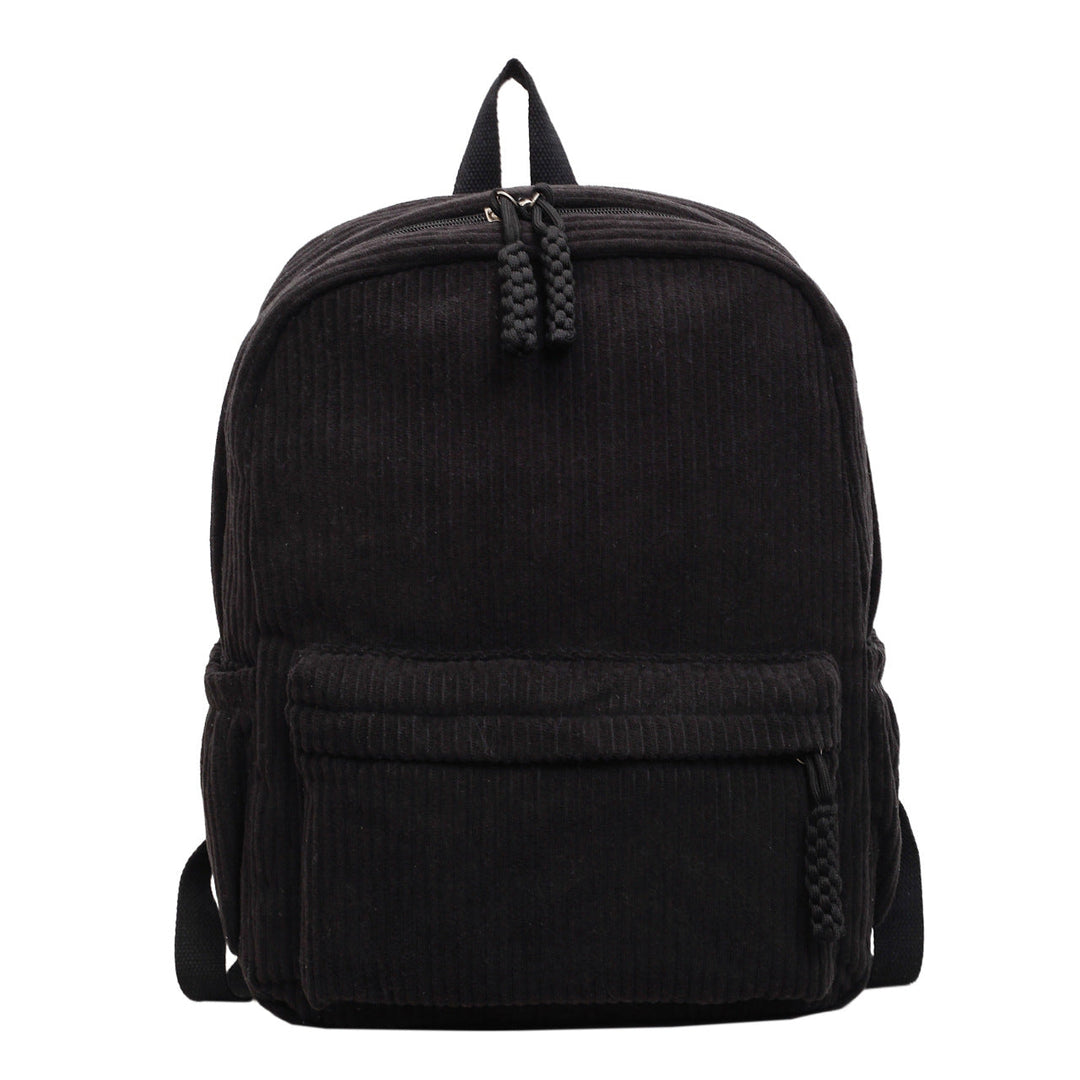 Casual black corduroy textured backpack, versatile for school, work, or everyday student use.