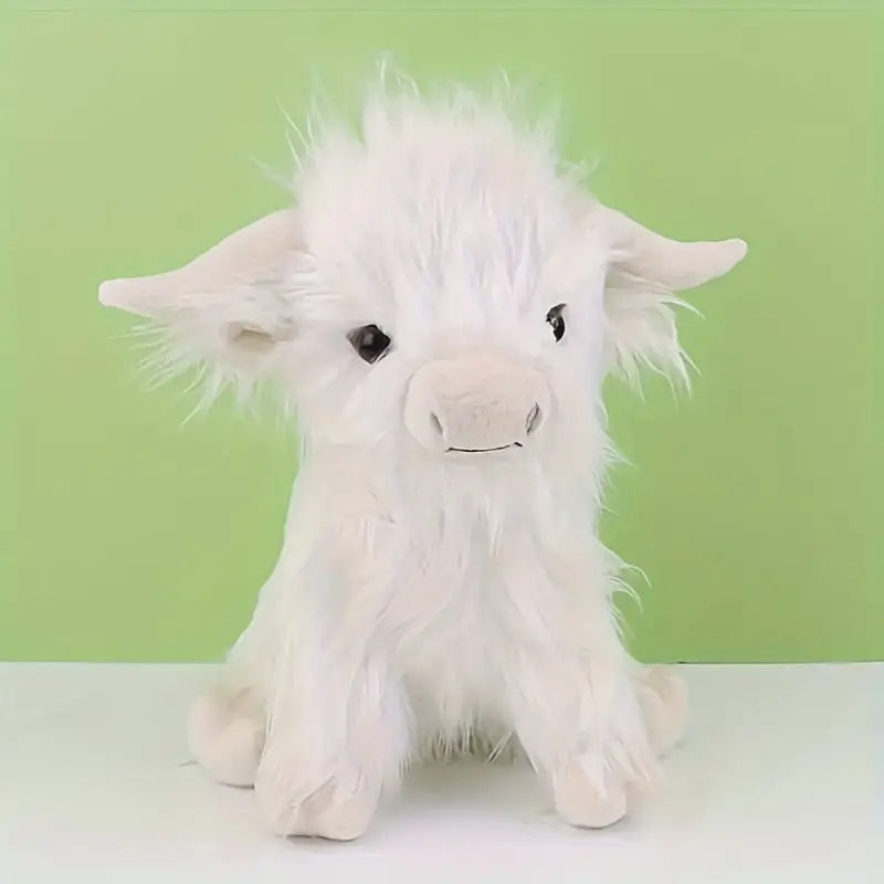 Close-up of a cuddly Highland cow stuffed animal, highlighting its soft texture.