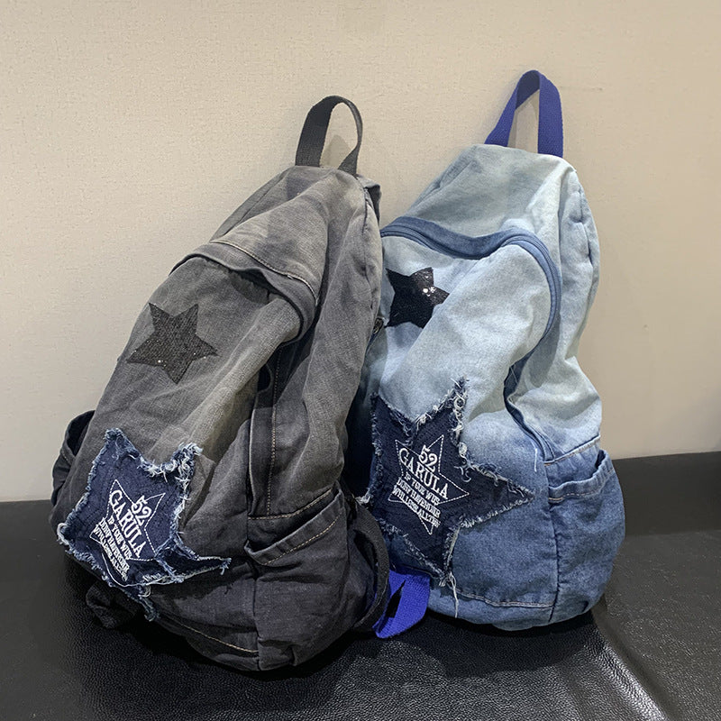 Durable denim school bag with star appliqué. Versatile casual backpack for students, travel, and everyday essentials.