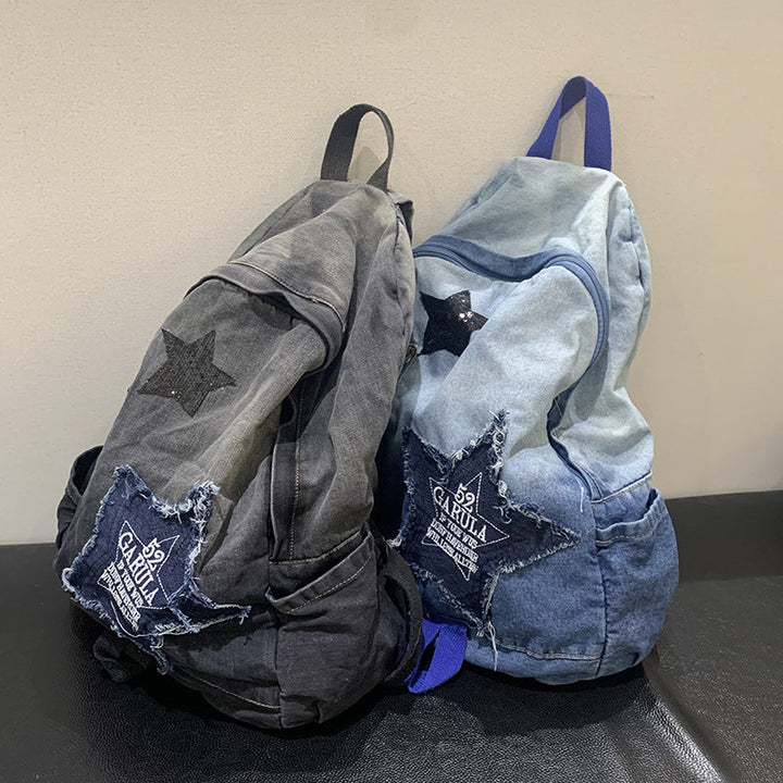 Durable denim school bag with star appliqué. Versatile casual backpack for students, travel, and everyday essentials.