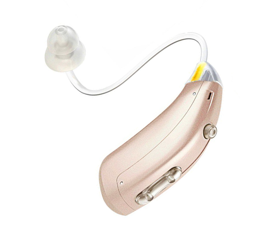Sleek unisex digital hearing aids, rechargeable for continuous use. Provides clear sound amplification for daily hearing support.