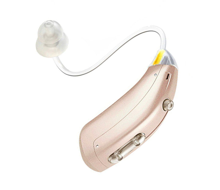 Sleek unisex digital hearing aids, rechargeable for continuous use. Provides clear sound amplification for daily hearing support.