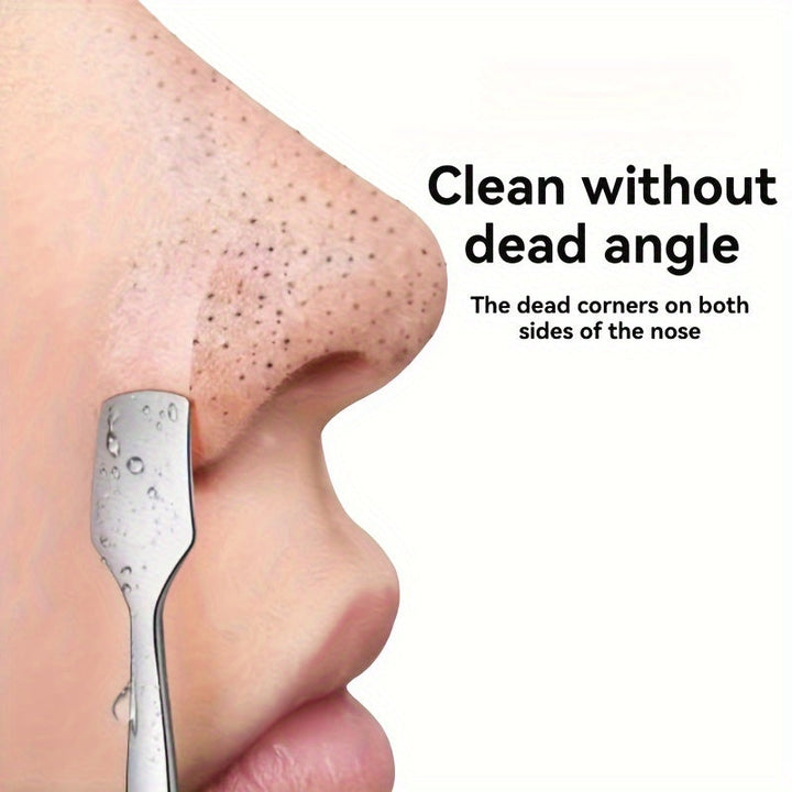 Stainless steel double-ended blackhead extractor for acne removal, promoting clear and healthy skin.