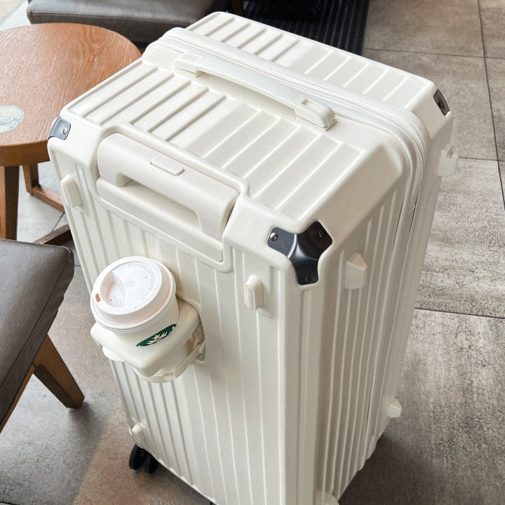 Unisex durable travel luggage with 360 spinner wheels & convenient beverage holder.