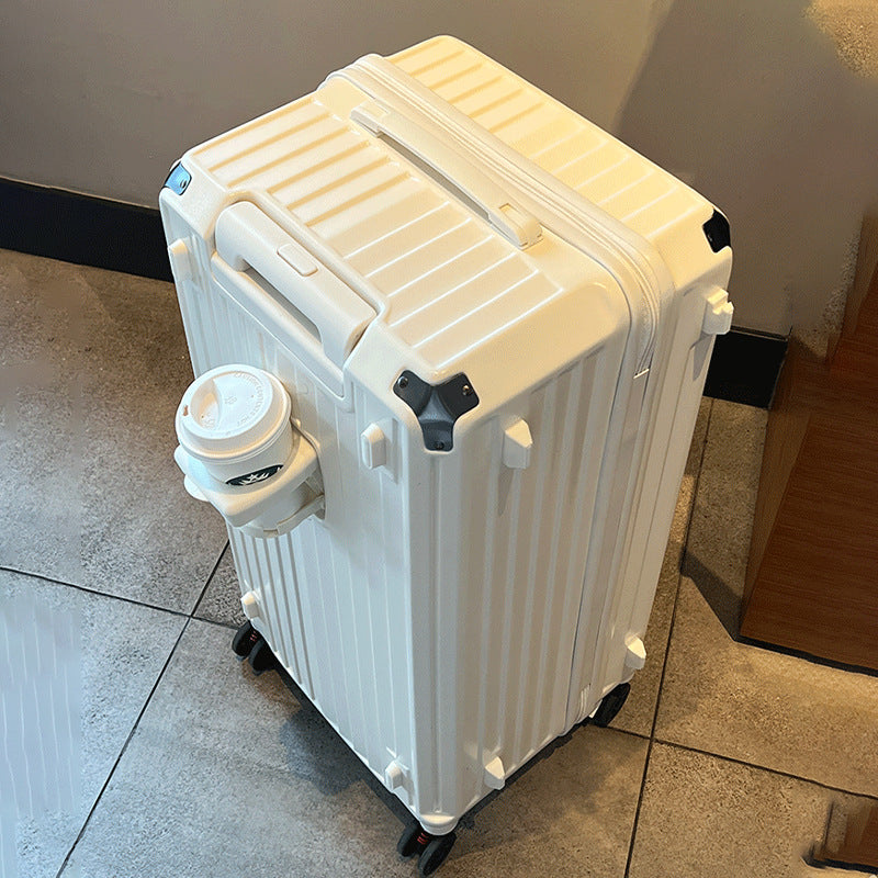 Convenient travel bag with smooth spinner wheels & integrated beverage holder for journey.