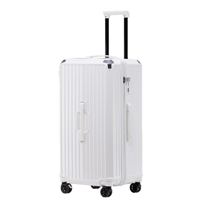 Durable unisex luggage, ideal for travel, with easy-roll wheels & integrated beverage slot.