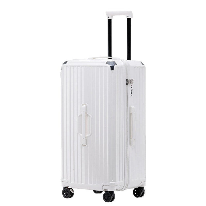 Durable unisex luggage, ideal for travel, with easy-roll wheels & integrated beverage slot.