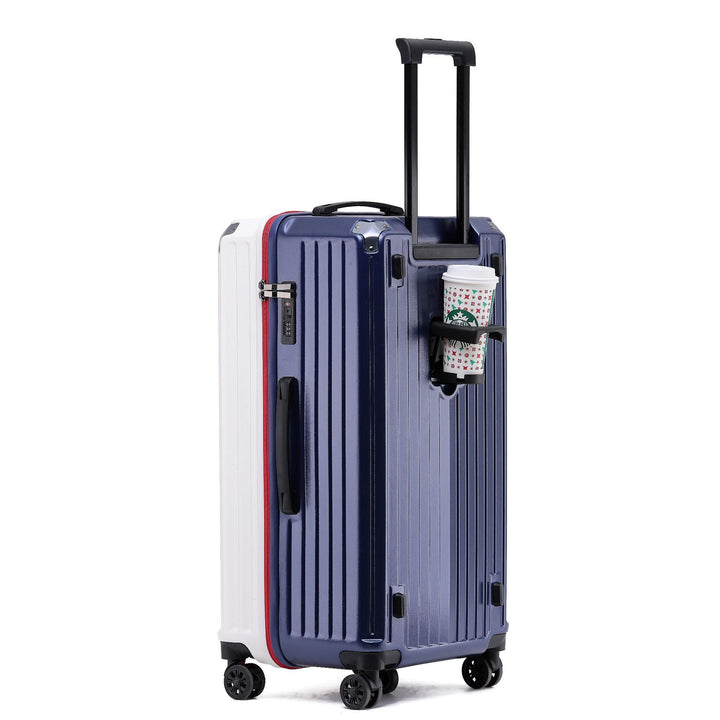 Unisex travel luggage with durable build, smooth spinner wheels, and practical beverage holder.