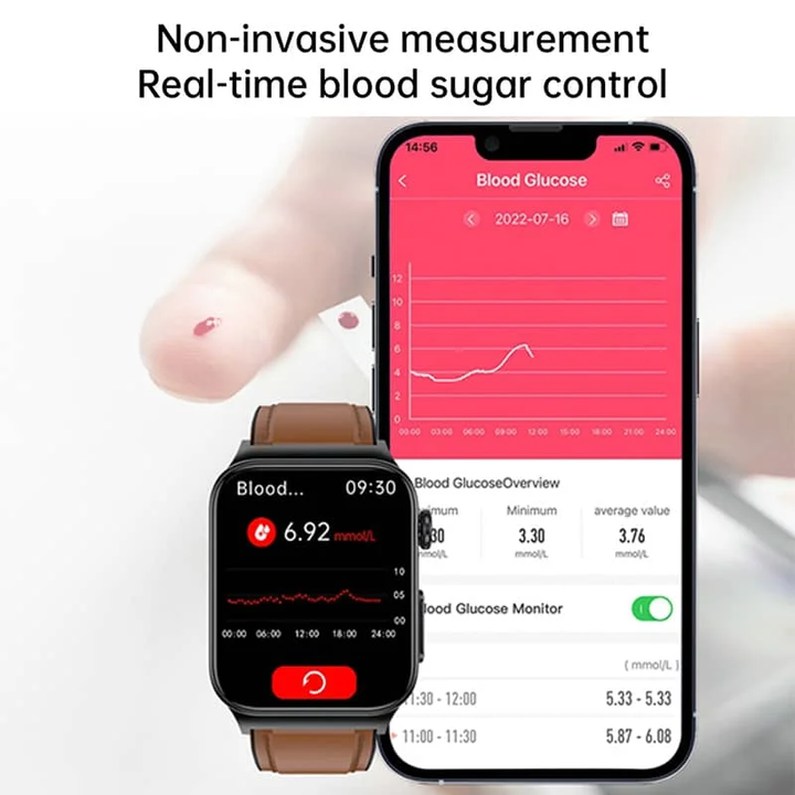 Unisex ECG smartwatch with health monitoring, black strap. Track heart rate, blood pressure, fitness.