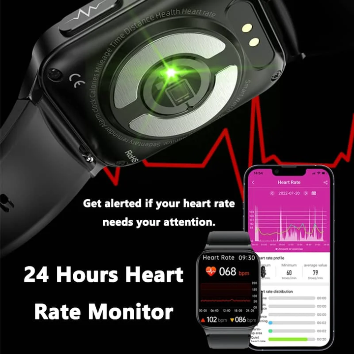 Sleek black unisex ECG smartwatch with a vibrant digital display & comfortable silicone strap.