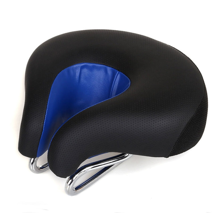 Unisex ergonomic noseless blue bike saddle, shock-absorbing for comfort on road & mountain bikes.