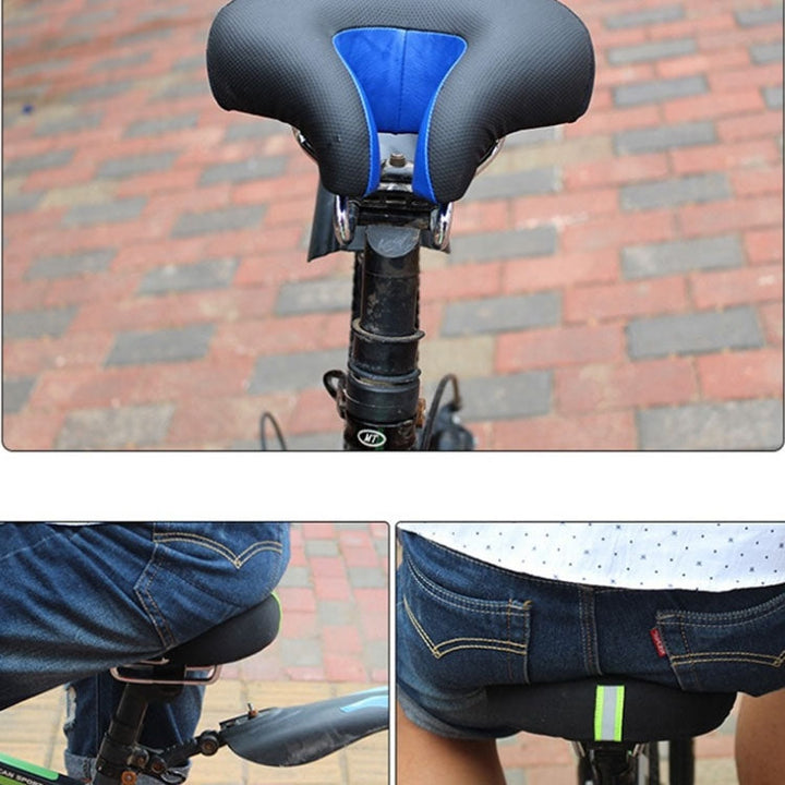 Close-up of a blue ergonomic noseless bike saddle, highlighting its shock-absorbing comfort features.