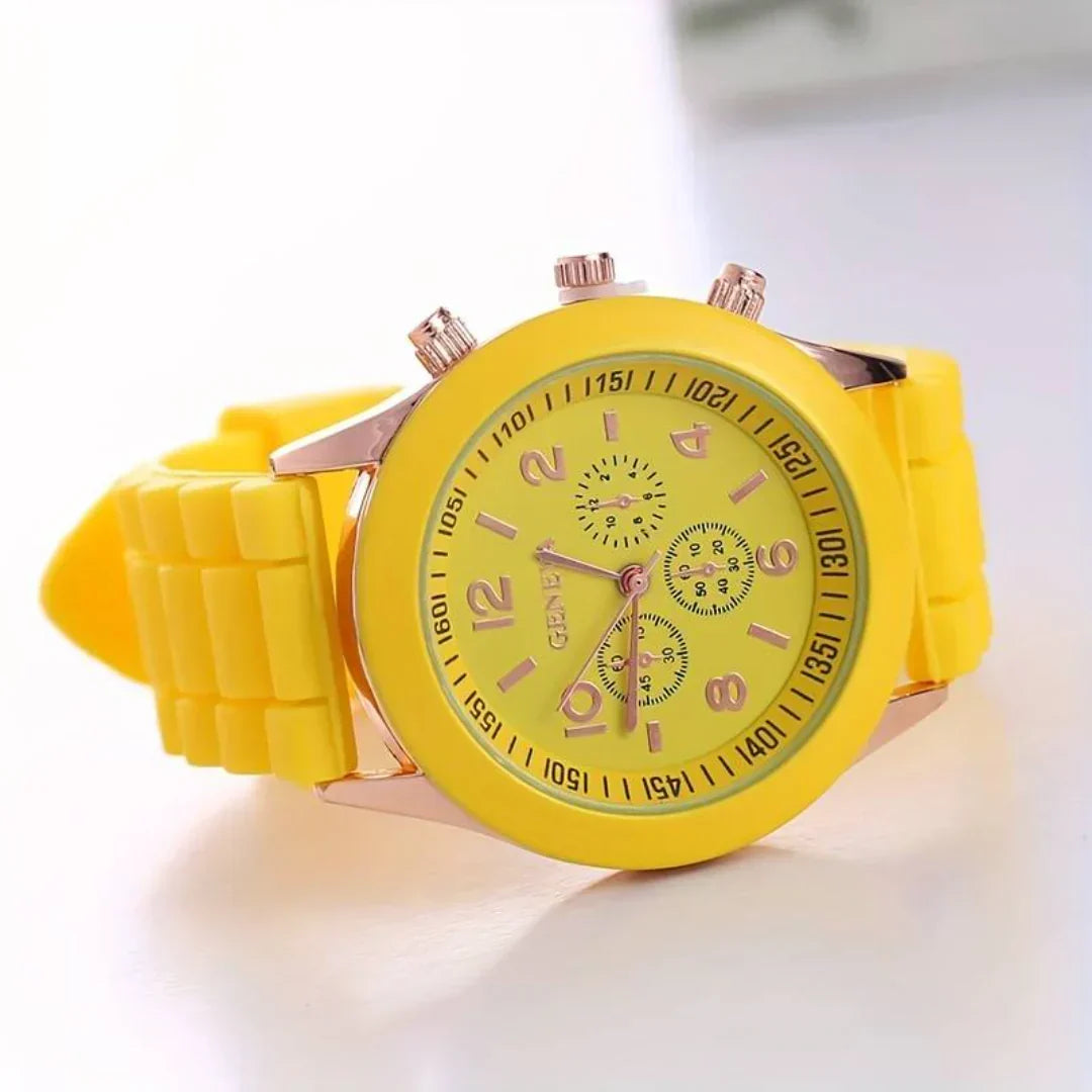 Everyday fashion timepiece: a lightweight unisex quartz watch with a flexible strap.