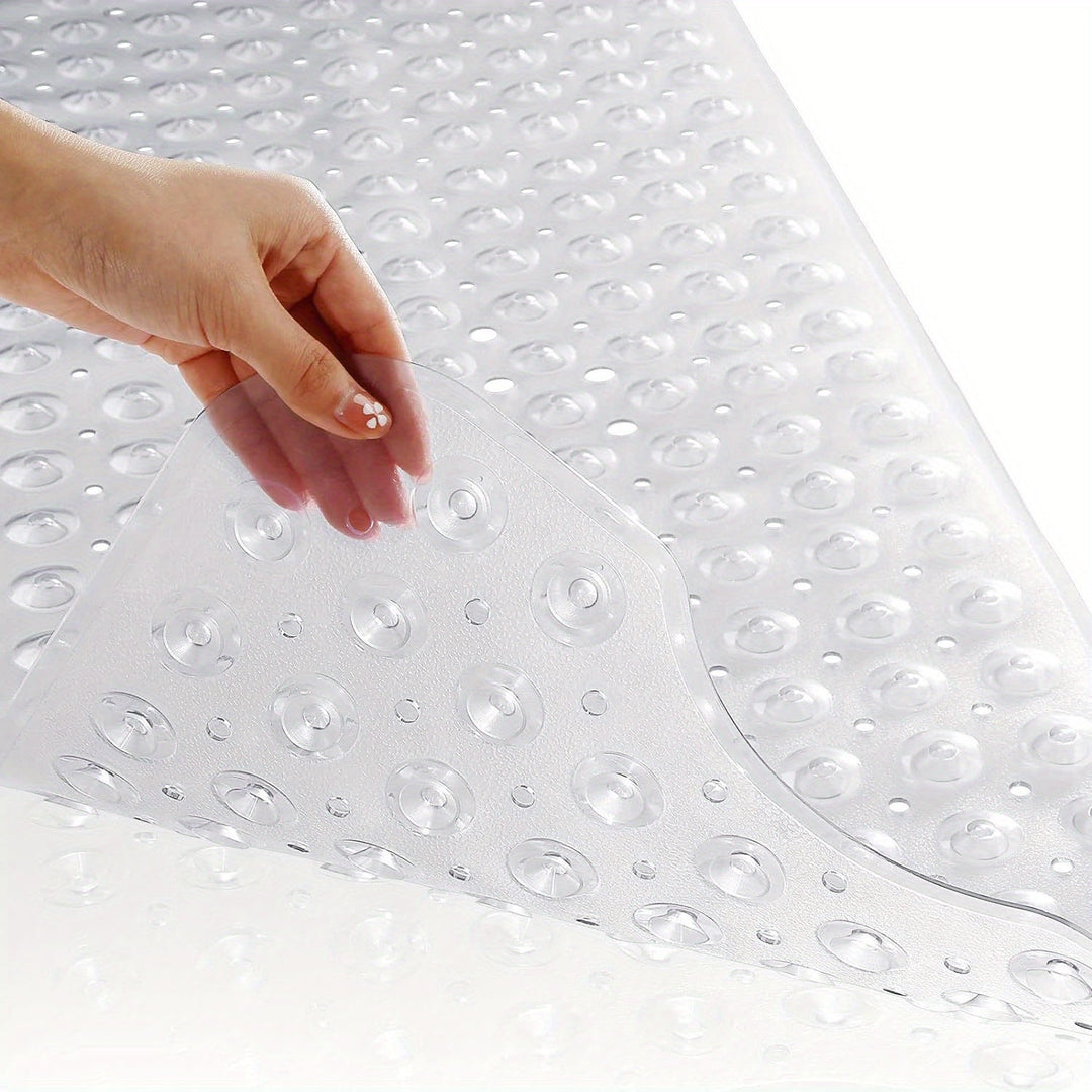 Reliable non-slip tub mat provides secure footing; machine washable design.