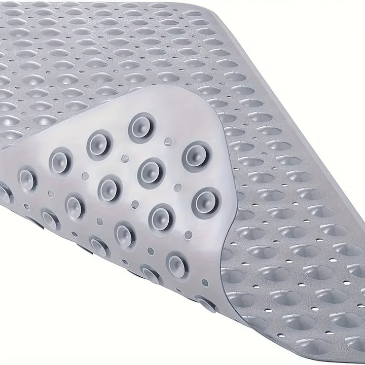 Extra long bath mat with strong suction cups for ultimate home safety.