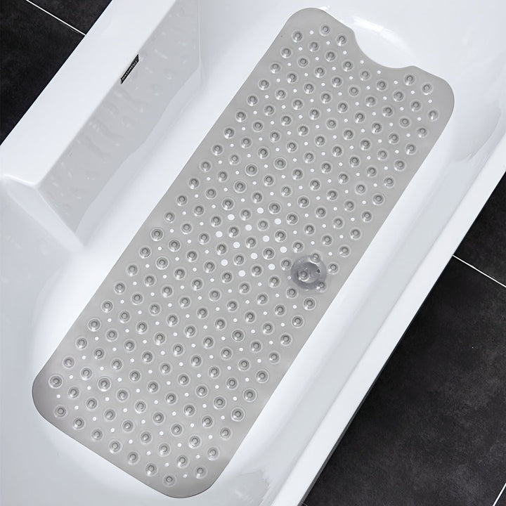 Premium non-slip bath mat, extra long for full tub coverage & secure grip.