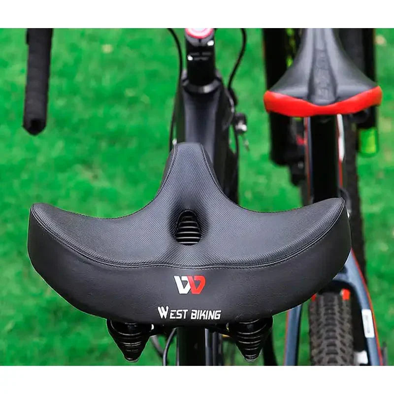 Enhanced comfort cycling with this extra wide, shock-absorbing universal fit bicycle saddle.