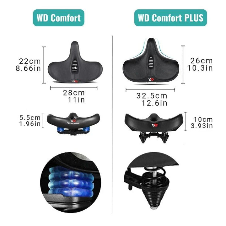 Memory foam extra wide bike seat, ergonomic unisex design for superior comfort on long rides.