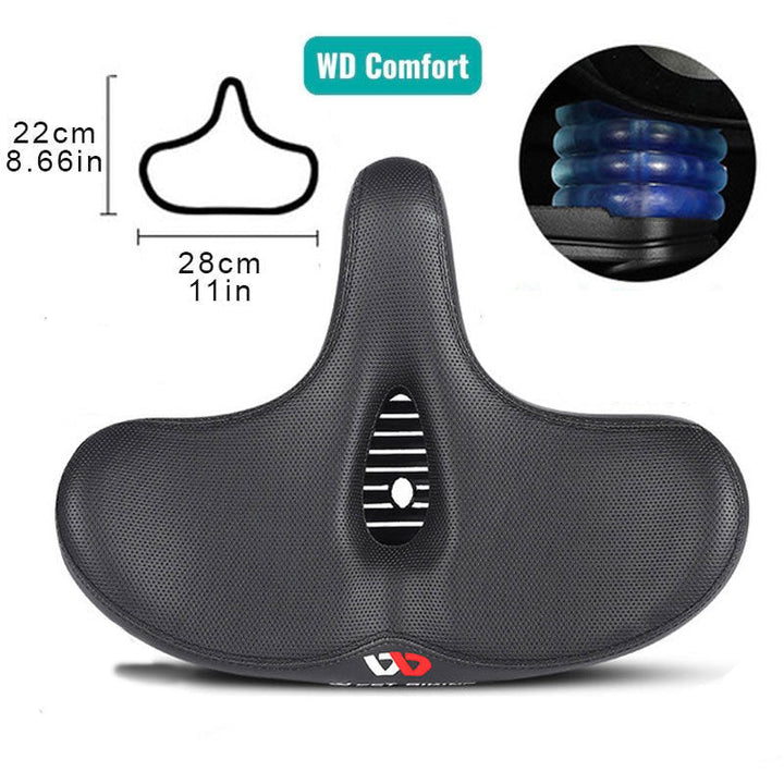 Universal fit bicycle saddle, extra wide comfort bike accessory with memory foam & shock absorption.