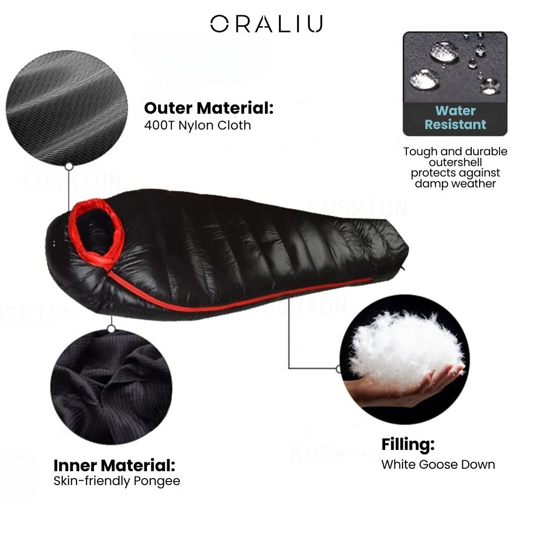 Close-up of a warm, insulated extreme cold winter sleeping bag, showing its plush duck down fill.