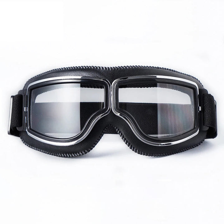 Fit-over motorcycle goggles, clear lens, anti-fog, UV shield for optimal visibility.