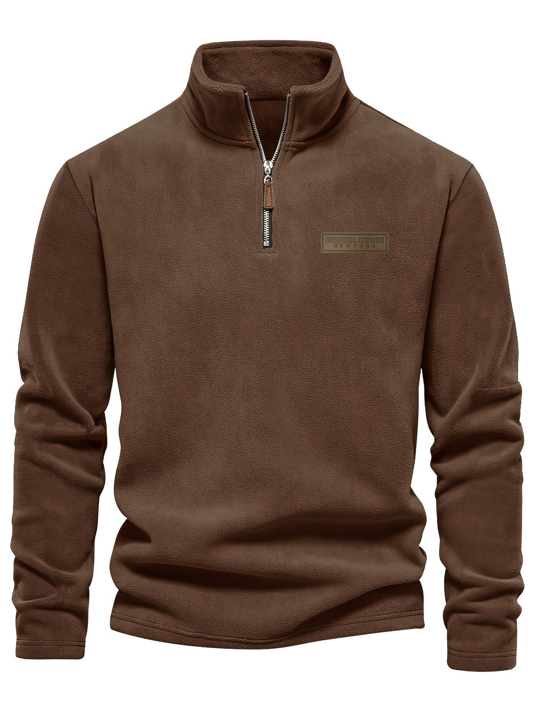 Warm unisex half-zip pullover with high collar and soft fleece lining for cold days.