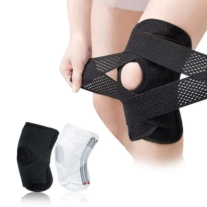 Unisex FlexGuard knee pads with support springs & adjustable strap for joint pain relief & athletic support.