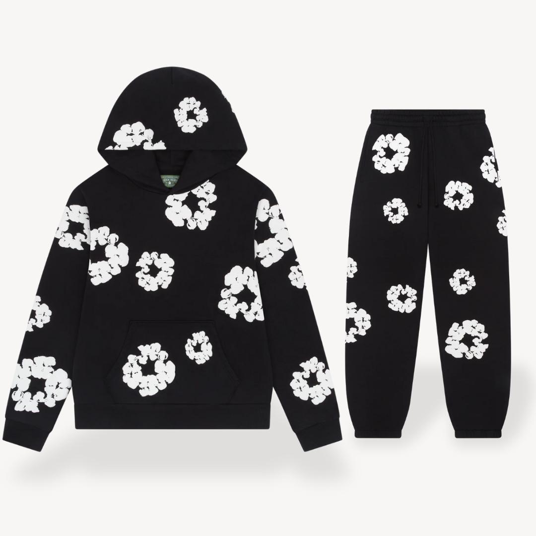 Stylish unisex black hoodie & jogger set with vibrant floral graphic print. Ideal for casual, streetwear & comfort.