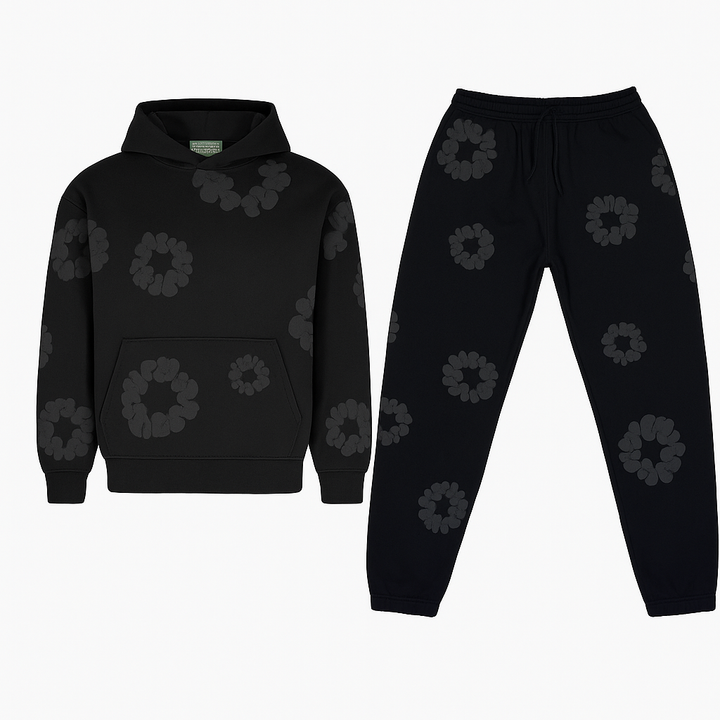 Cozy unisex floral graphic jogger set with hoodie. Comfortable loungewear & activewear for relaxing or casual outings.