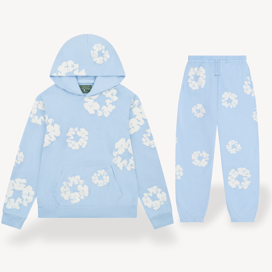 Modern unisex floral graphic print hoodie and jogger pants set for casual wear, loungewear, or active lifestyle.