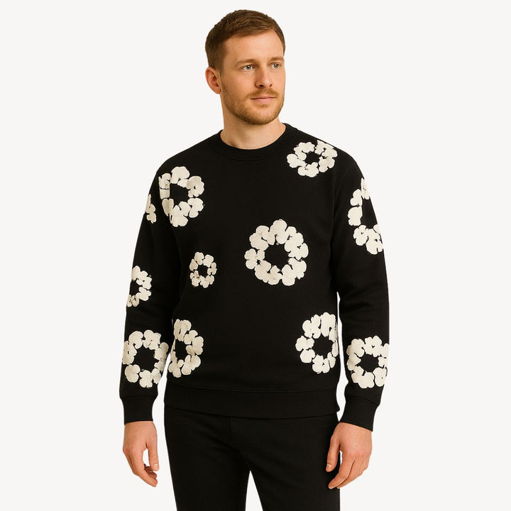 Unisex floral print crew neck sweatshirt. Trendy casual pullover, comfortable long sleeve top for autumn fashion.