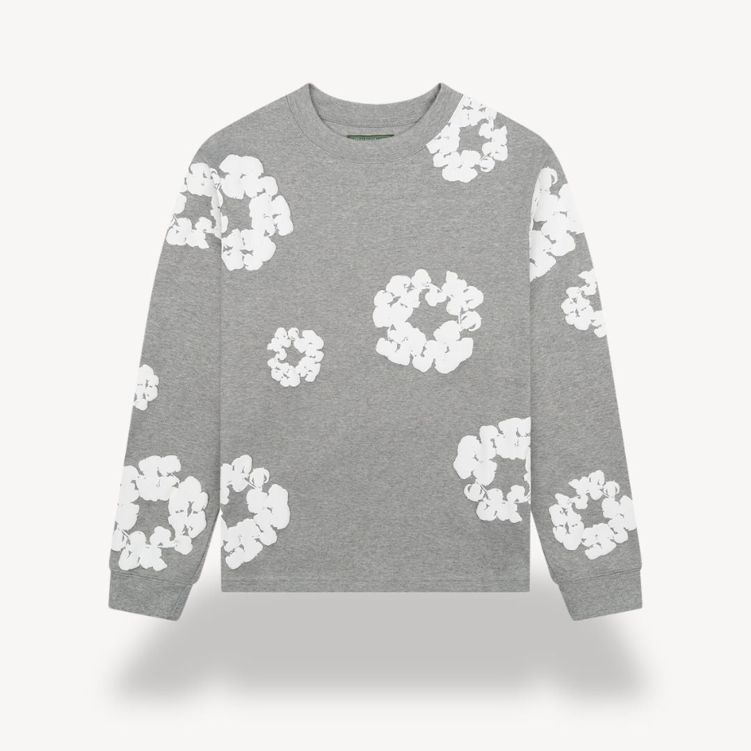 Cozy unisex floral print crew neck pullover. Soft, comfortable long sleeve sweatshirt for trendy autumn fashion.