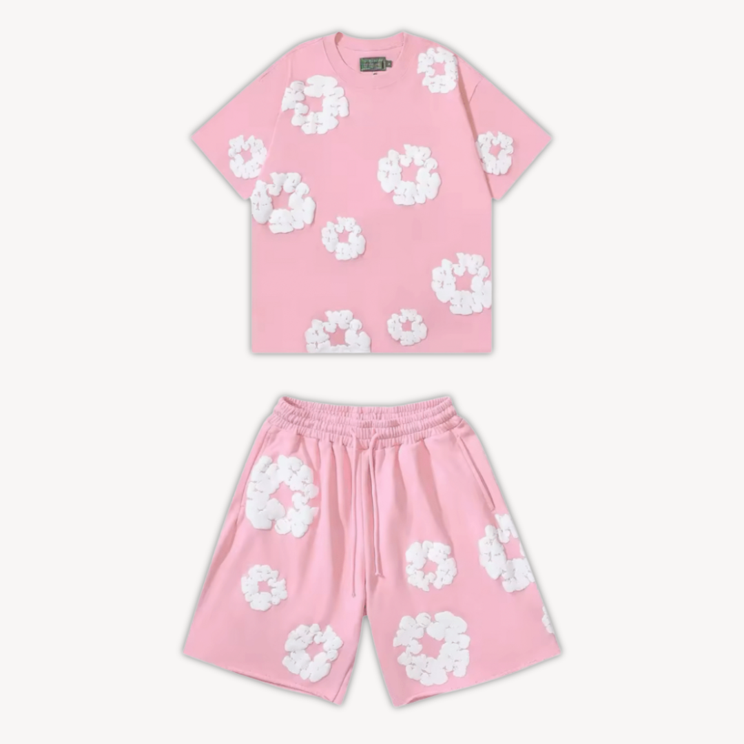 Unisex floral print tee and shorts set for casual comfort. Vibrant lounge wear.