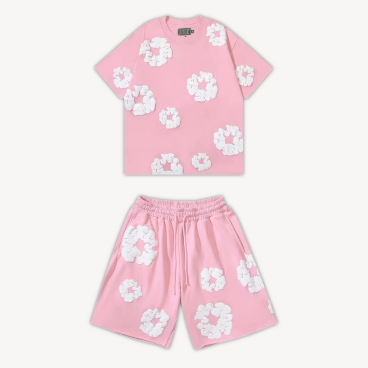 Unisex floral print tee and shorts set for casual comfort. Vibrant lounge wear.