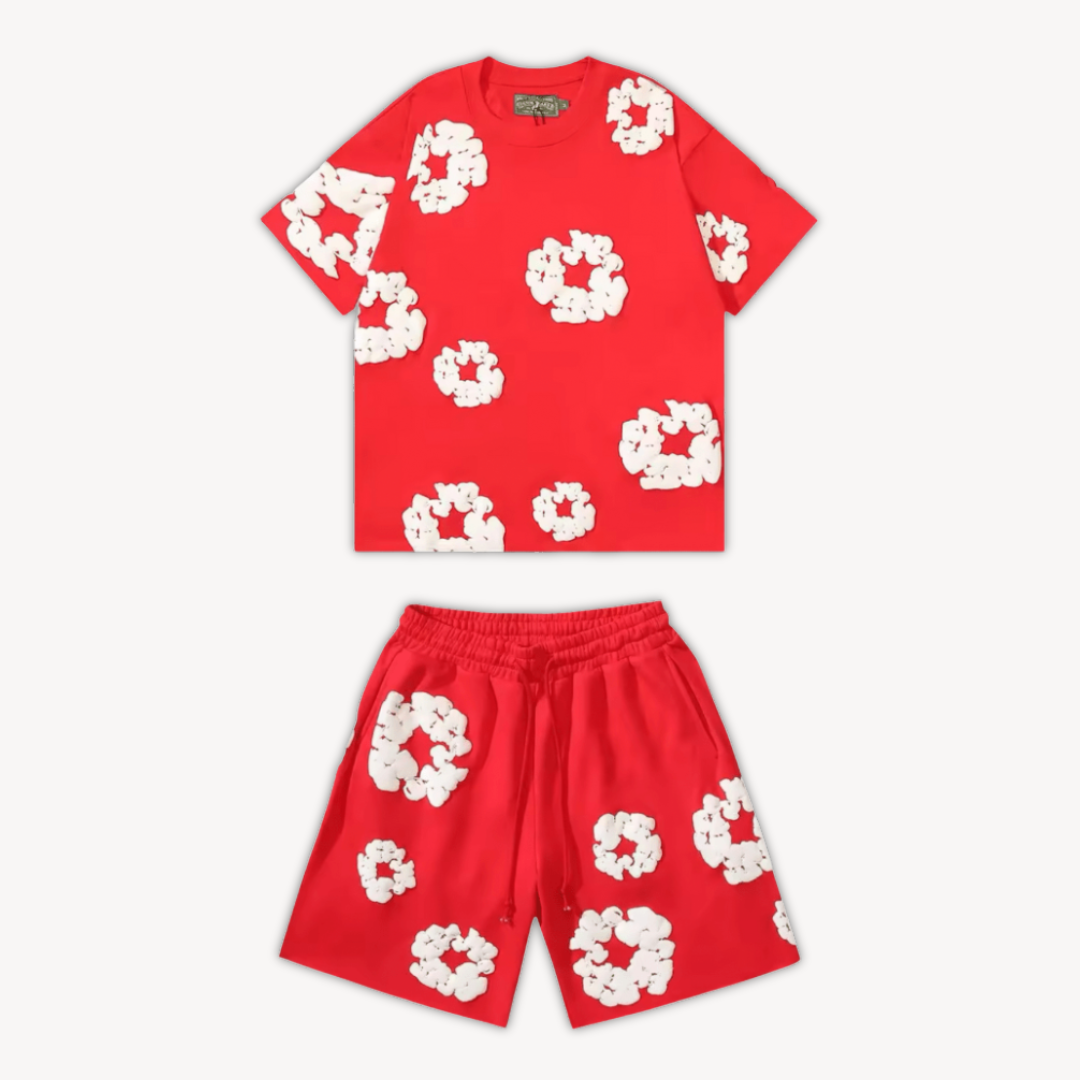 Casual floral print tee & shorts set. Unisex comfort, matching outfit for vibrant summer fashion.