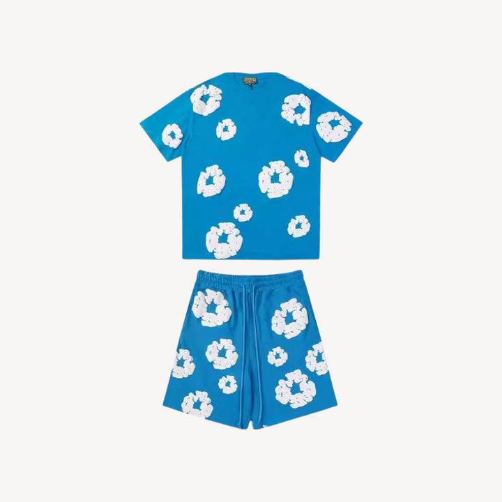 Women's vibrant floral tee and matching casual shorts set. Perfect summer fashion outfit.