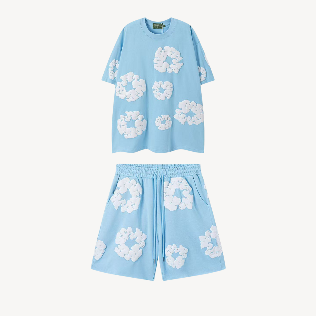 Comfortable unisex floral print tee and shorts set. Stylish matching outfit for street style.
